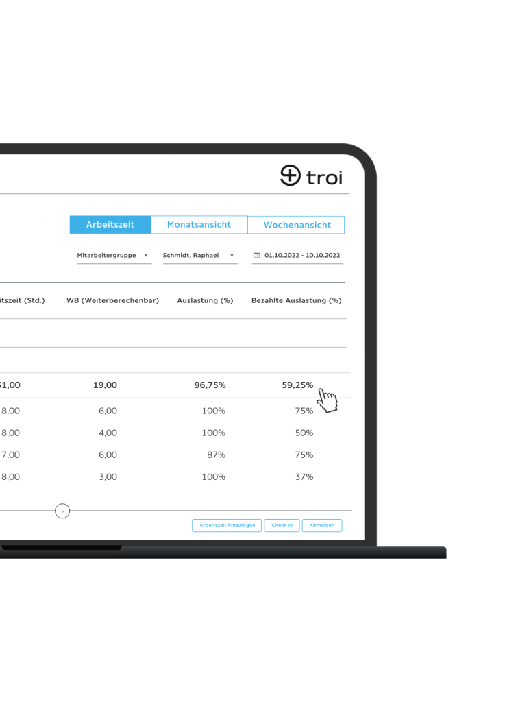 Troi - Projektliste Reporting (Auslastung)