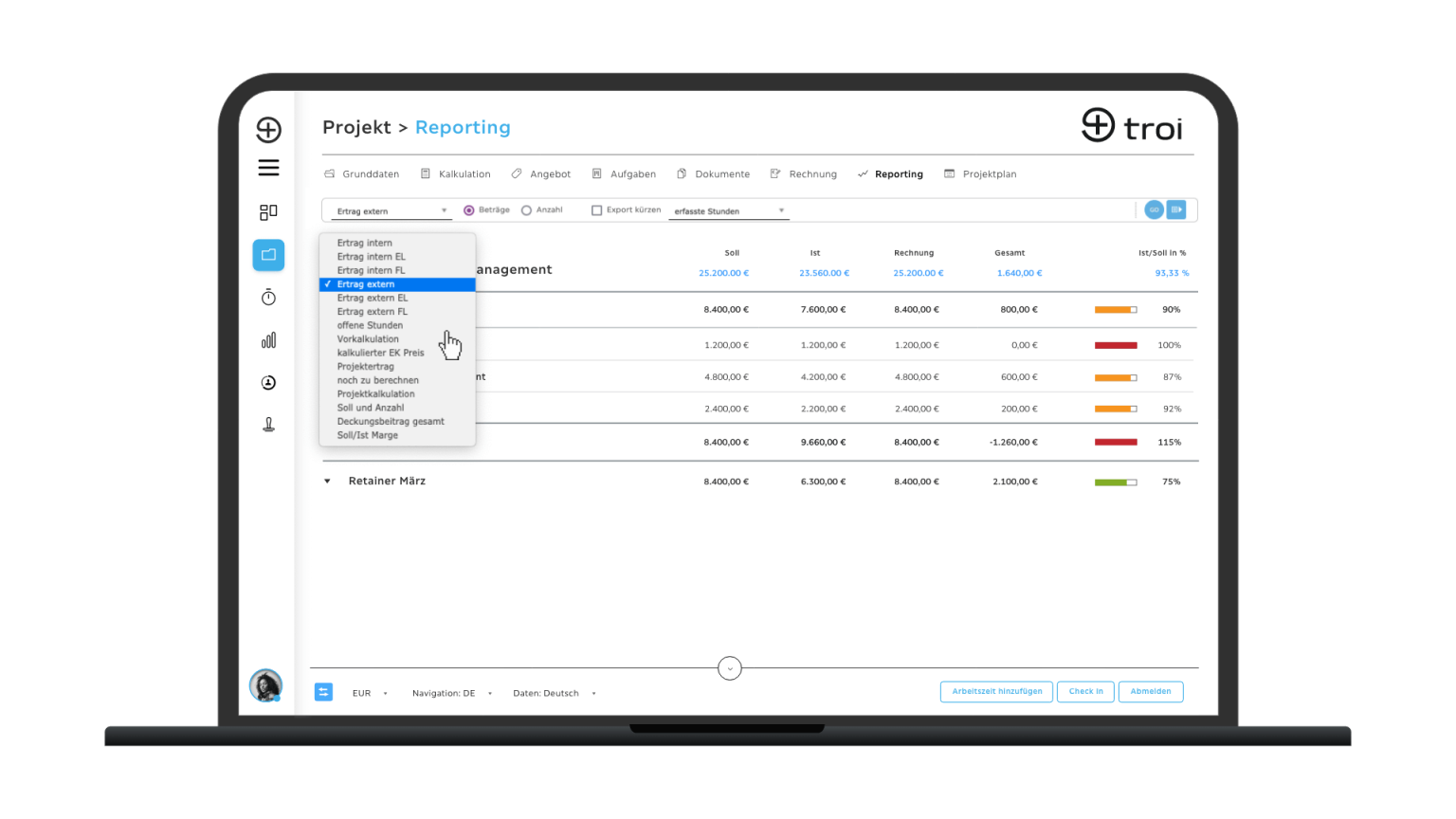 Projekt-Reporting - Ertrag extern