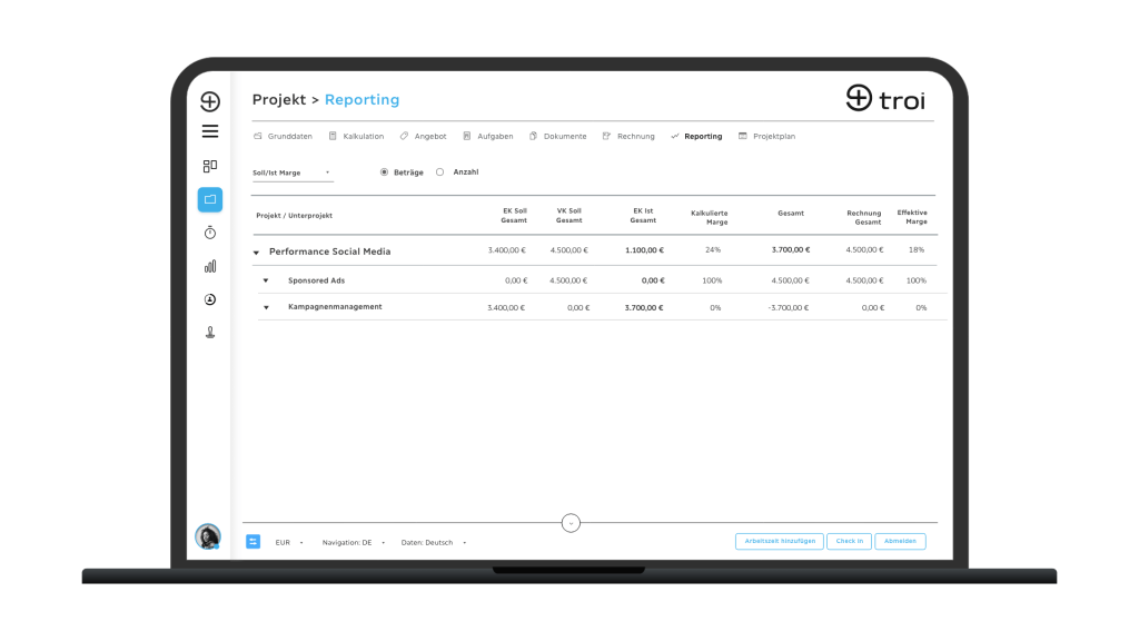 Projekt-Reporting Soll/Ist Marge