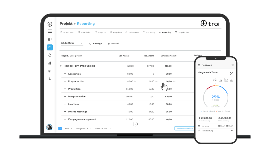 Projekt-Reporting Soll/Ist Marge/ Mobile