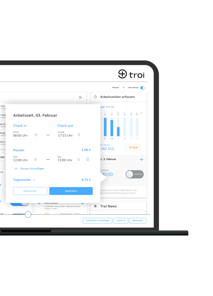 Troi Dashboard Desktop / Mobile Arbeitszeiterfassung