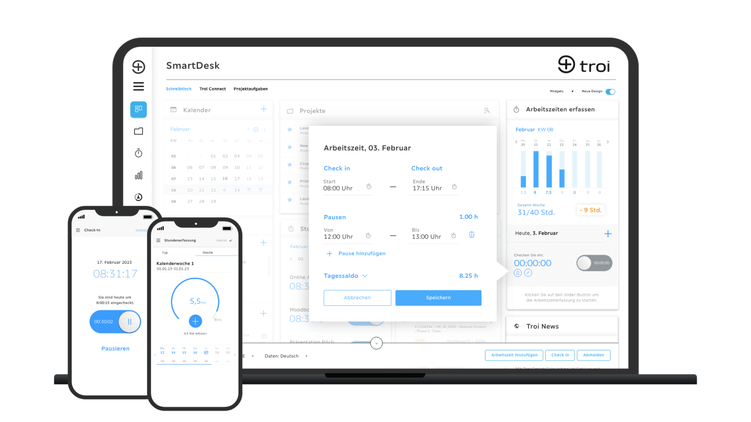 Troi Dashboard Desktop / Mobile Arbeitszeiterfassung