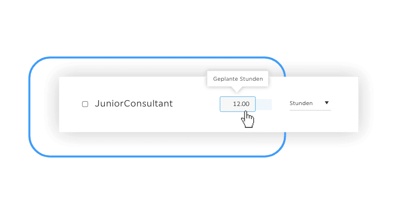 Troi ERP Screenshot: Smart Calculation zeigt geplante Stunden für Aufgaben – numerische Eingabe ohne Tooltip, Fokus auf Zeitplanung