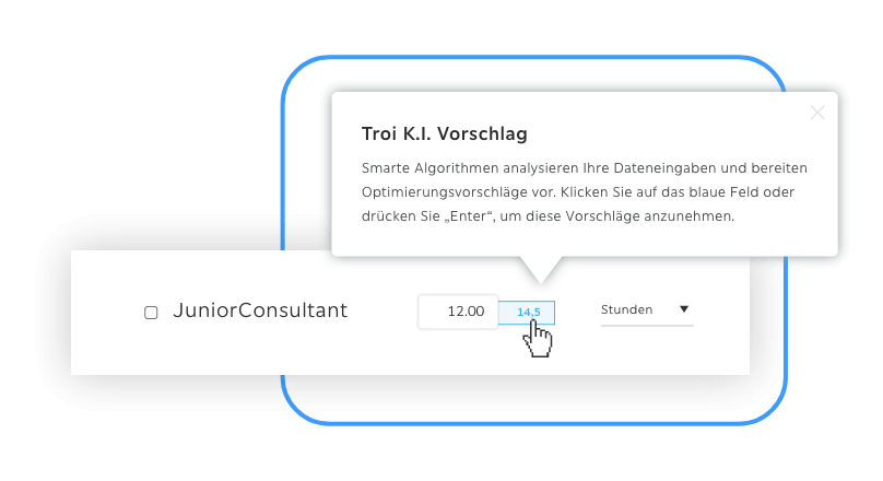 Troi ERP Screenshot: Smart Calculation Tooltip mit KI-Stundenvorschlag, zeigt Anpassung und Differenz als Tooltip mit Häkchen zur Bestätigung