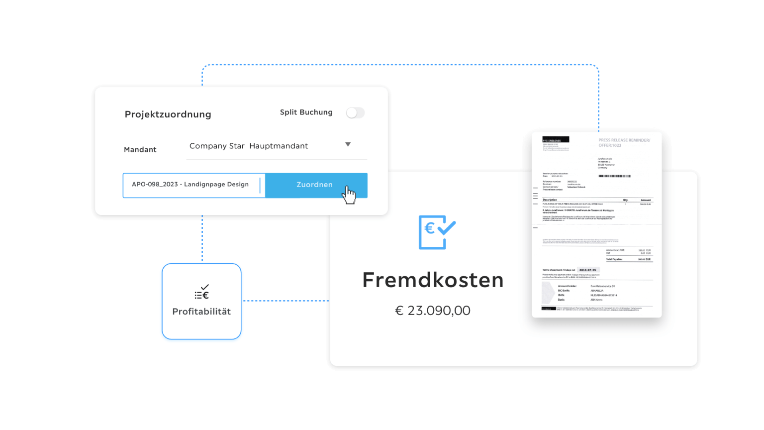 Troi ERP Screenshot: Fremdkosten-Erfassung mit Eingangsrechnung, Projektzuordnung und Fremdkosten-Summe (€ 23.090)