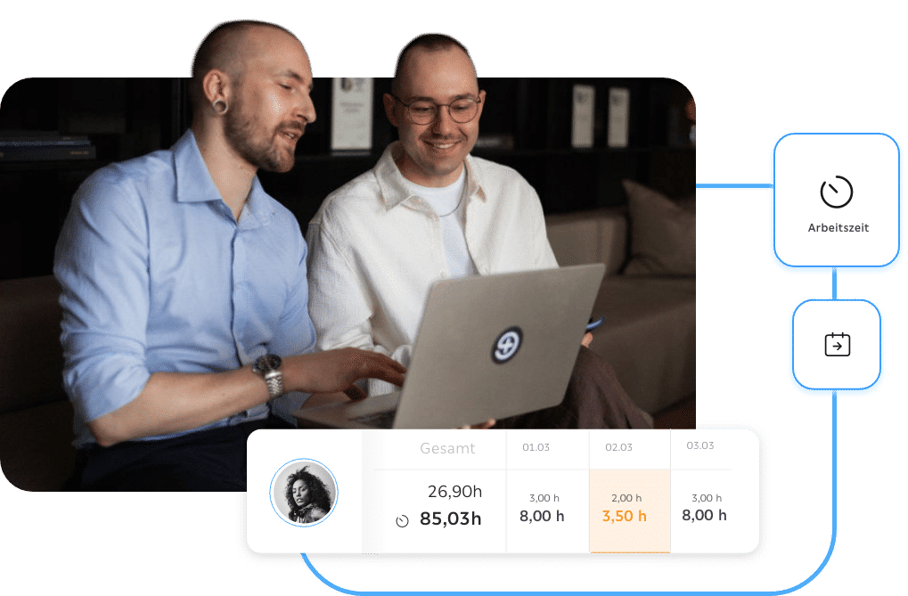 Troi Hybrid-Work Visual: Teammitglieder im modernen Office-Setup mit flexiblen Remote-Work-Elementen